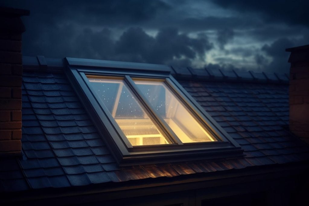 Skylight on Roof At Night in Rain